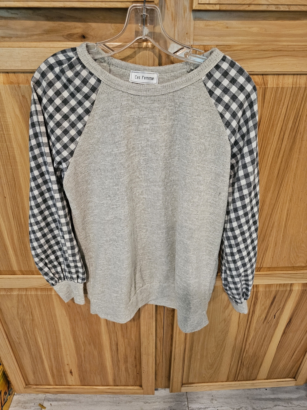 Ces Femme Gray Sweater with Black & White Gingham Sleeves